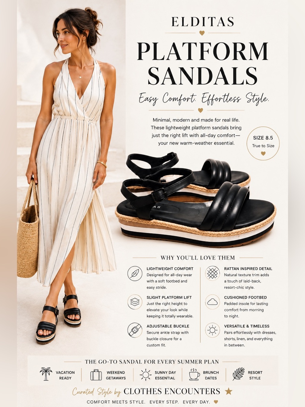 Elditas Sandals Black strappy slight platform buckle closure ratan details  8.5